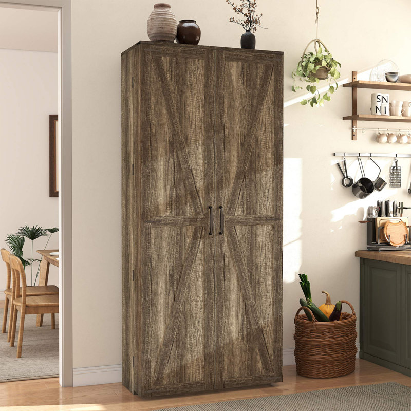  Garde-manger 67 po Farmhouse, armoire de rangement haute avec 2 portes de grange et tablettes réglables, Doré