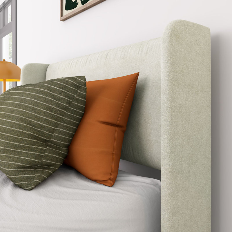 Lit à panneau tapissier en bois massif avec tête de lit rectangulaire, Simple, Crème, crème