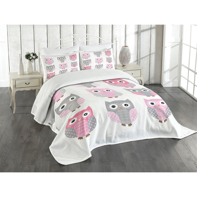 Pink and Gray Quilted Owl Queen Bedspread Set