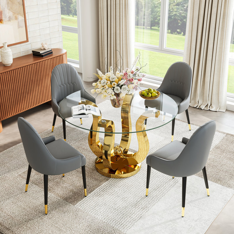 5-Piece Dining Table Set, 47" Round Tempered Glass Table, Sculptural Stainless Steel Base & 4 Upholstered Faux Leather Chairs