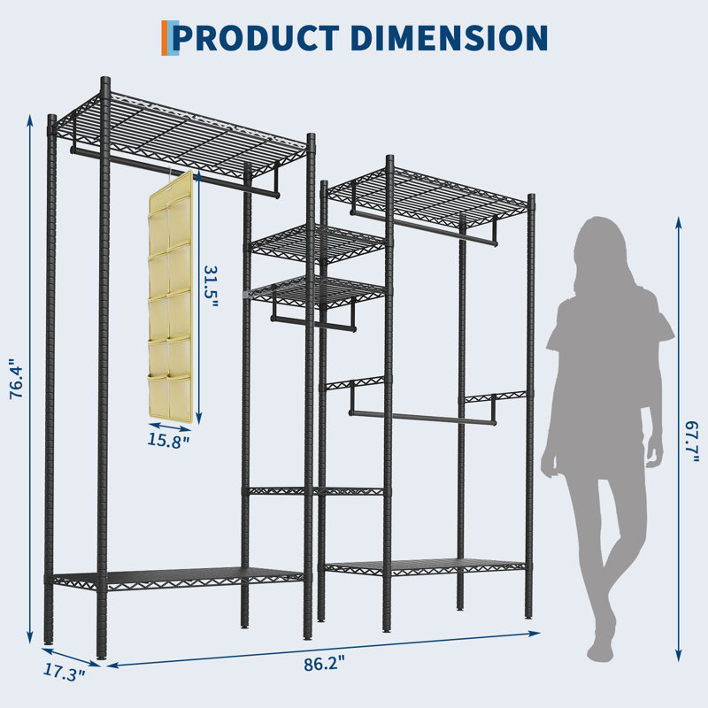 Organisateur de vêtements robuste en métal - placard portatif autoportant avec 4 tablettes réglables - capacité de 850 lb