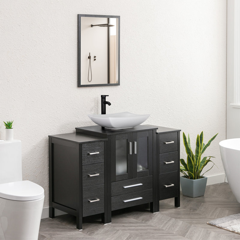 Carrel 48" Double Sink Bathroom Vanity Set with Manufactured Wood Top, Vessel Sink, Faucet, Mirror Not Included, Black