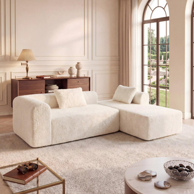 118"Modern Modular Compression Sectional Sofa, Upholstered Bouclé L-Shaped Couch with Chaise Lounge, Pocket Spring and 2 Pillows for Living Room , No Assembly Required, Beige
