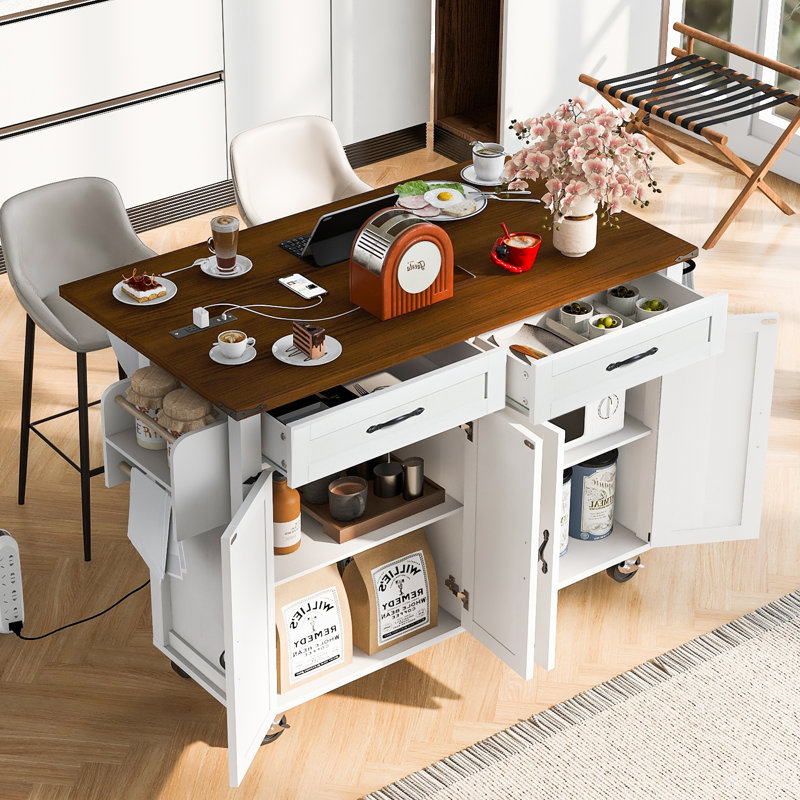 53.5''Farmhouse Kitchen Island With Power Outlet, White