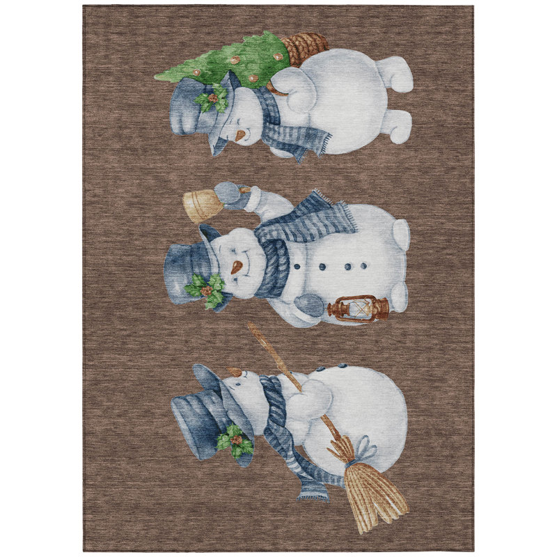 Machine Washable Indoor/Outdoor Christmas Snowman Xhevrie Brown Rug, Rectangle 5' x 7'6"
