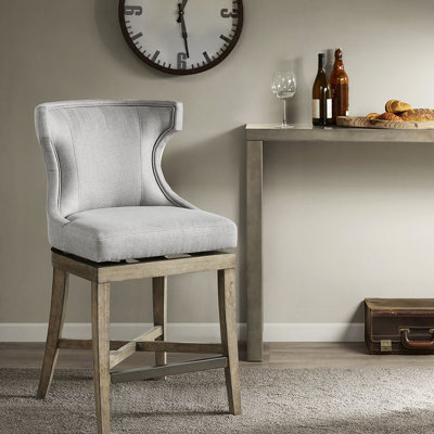 Counter Stool, Solid Wood Legs, Upholstery, Grey Stool With Wingback Design,
