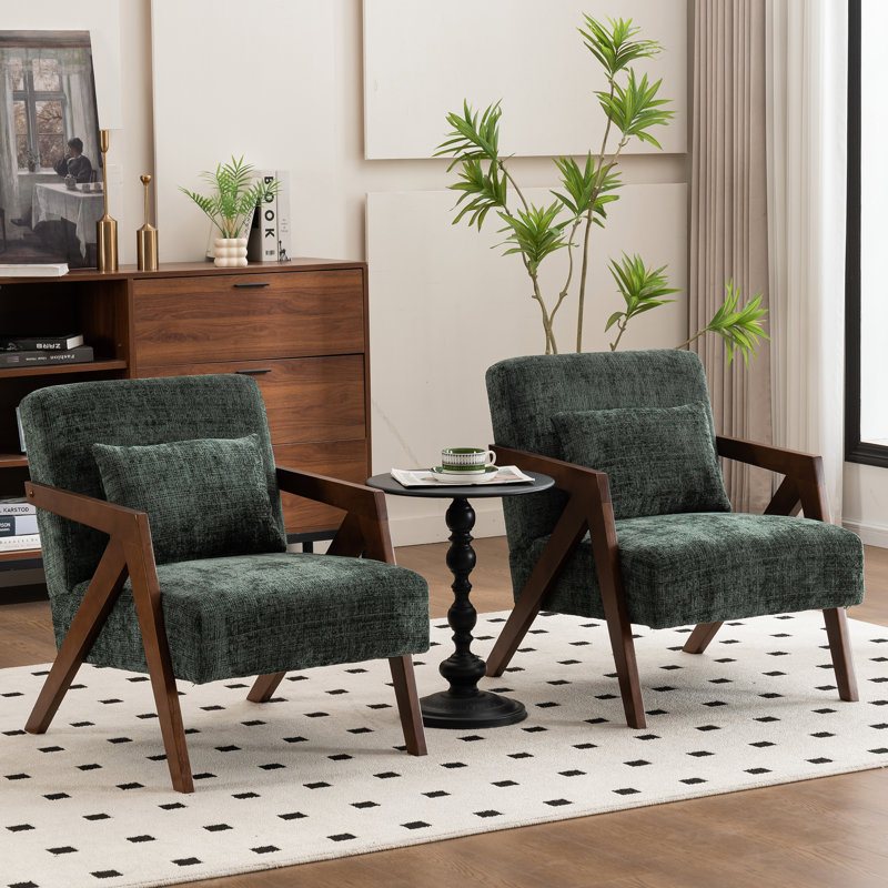 Juriana Mid Century Modern Upholstered Chenille Solid Wood Accent Armchair with an Extra Pillow, Dark Green Chenille
