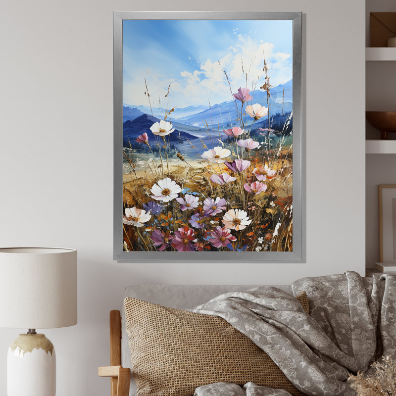 «White Wildflowers Mountain Charm I», reproduction sur toile, Cadre simple argenté, H 20 po x l 12 po x P 1 po
