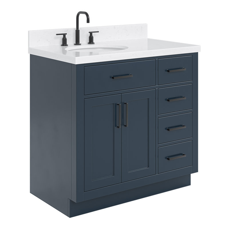 Meuble-lavabo simple en bois massif 36 po Tidworth avec plateau en quartz Carrara de 1,5 po, Gauche, Ovale, Bleu minuit