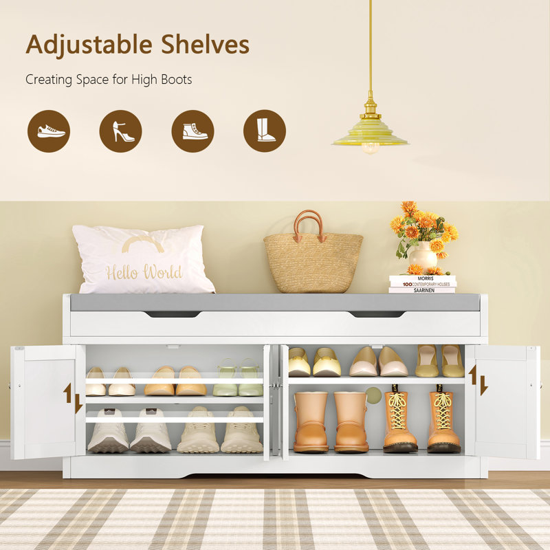 47.24" Shoe Storage Bench With Padded Seat Cushion, Entryway Shoe Bench With 2 Adjustable Shelves, White, White