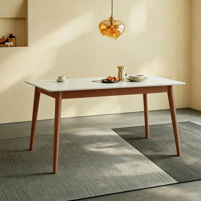 White + Cherry Wood Color Rectangular Sintered Stone + Solid Wood Dining Table