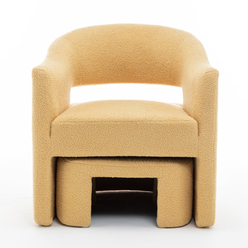 Upholstered Barrel Chair With Ottoman, Yellow Faux Fur
