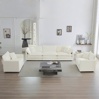 Ensemble de canapé de 3, 1 + 1 + 3 sièges, ensemble de canapé de salon, fauteuil d'appoint, causeuse et canapé à trois places, ensemble de canapés à accoudoirs ronds de style moderne 3 pièces, blanc