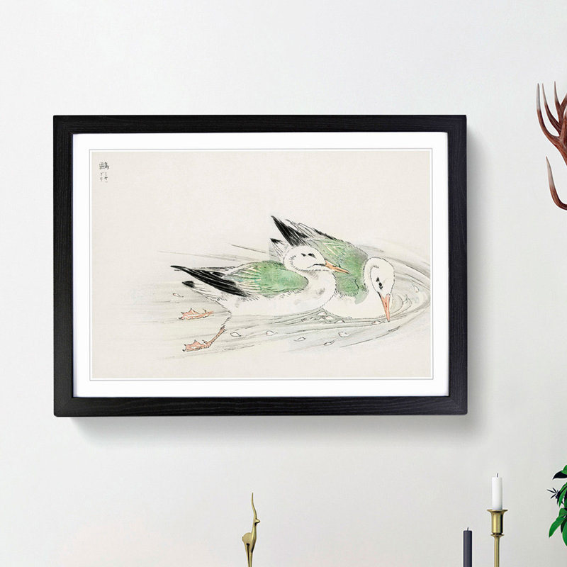 Two Gulls by Numata Kashu - Picture Frame Painting Print, Black Framed, 62cm H x 87cm W x 2cm D