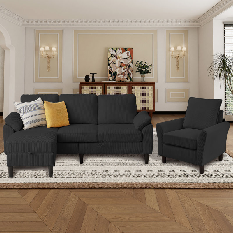 Juliani  Corduroy 3 Piece Living Room Set, Noir