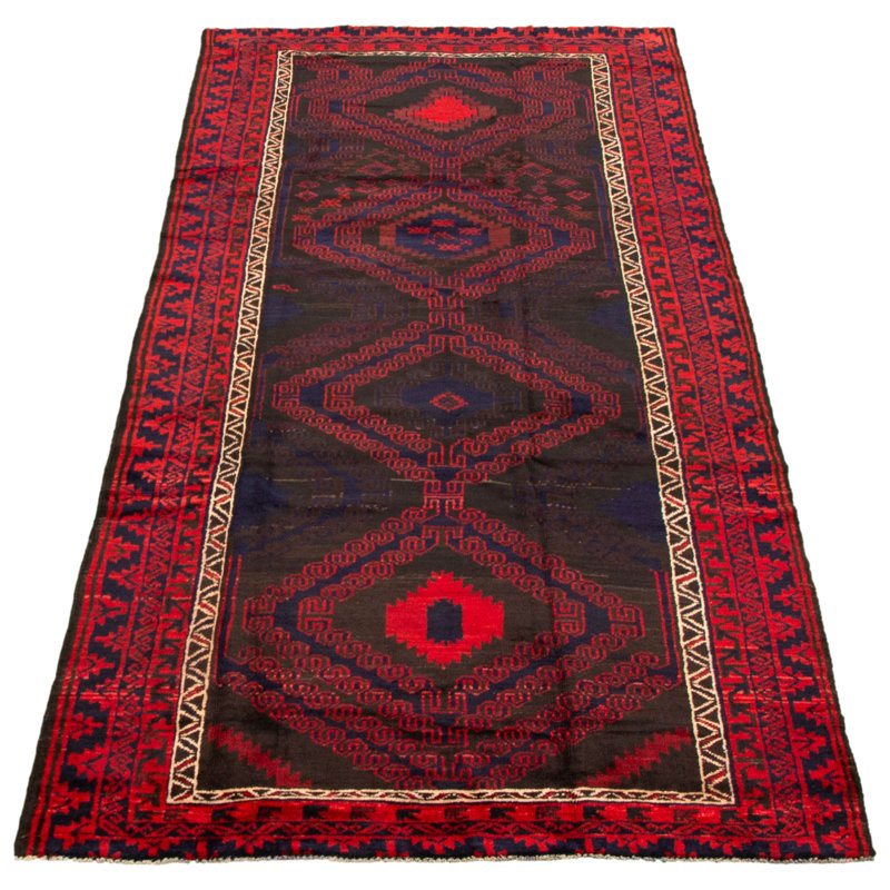 Tapis de couloir en laine noué à la main de conception unique 4 pi 7 po x 10 pi 8 po CEI des années 1990 Tapis décoratif rouge/bleu marine