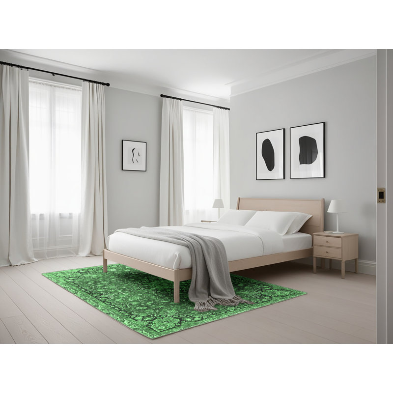 Tapis oriental en laine / polyester tissé à la machine Alcena - vert émeraude / noir, Rectangle 5 pi x 7 pi