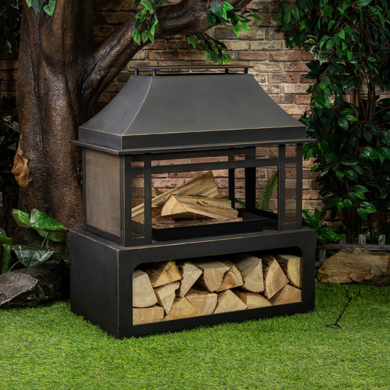 Black Steel 40'' Outdoor Fire Pit with Wood Storage