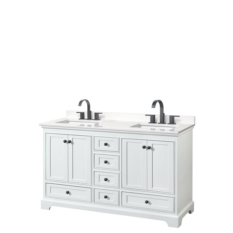 Meuble-lavabo double autoportant 60 po Deborah, Quartz blanc, Or brossé, Blanc