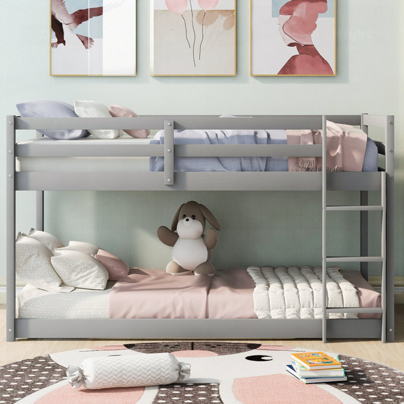 Twin Over Twin Floor Bunk Bed With Ladder, Gray