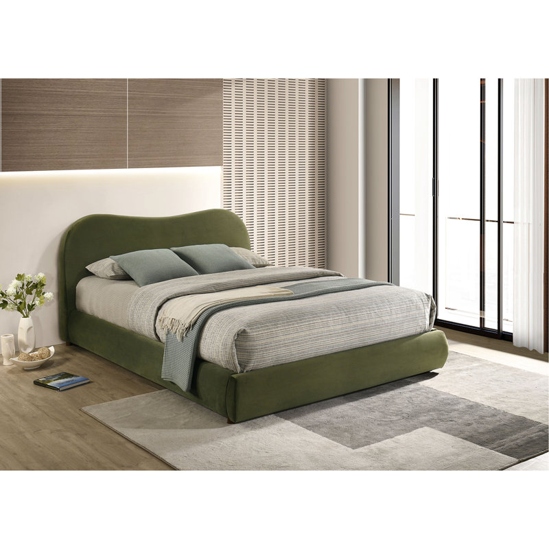Très grand lit contemporain de style oriental avec velours olive, tête de lit incurvée, espace de rangement, structure et fonction en bois d'ingénierie, configuration de chambre à coucher transitionnelle