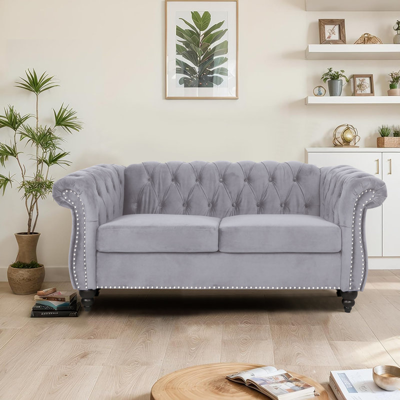 Johnette 62'' Velvet Rolled Arms Chesterfield Sofa, Gray Velvet