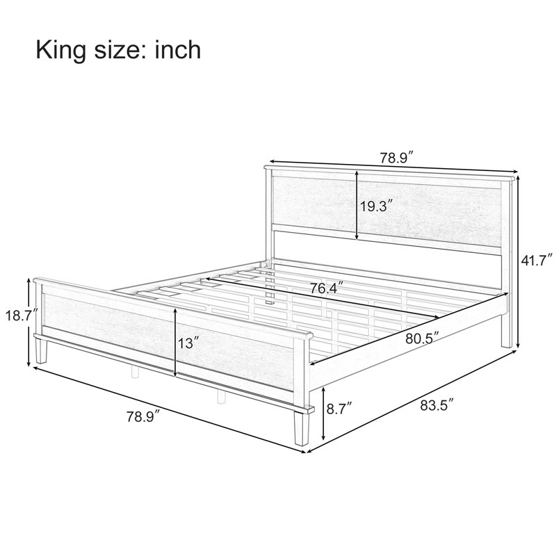 Pinewood Platform Bed with Headboard and Footboard, Mid-Century Bed Frame with Tall Legs and Under Storage, Weight Capacity 600 lbs, No Box Spring Needed, Seadrift, King