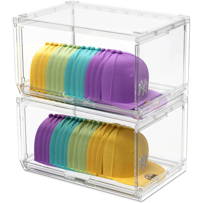 Ensemble de 2 boîtes de rangement pour chapeaux, boîtes de baseball empilables transparentes avec porte coulissante