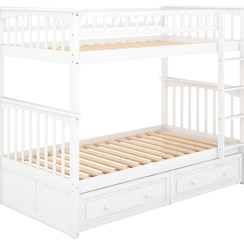 Bunk Bed With Drawers, Full Over Full, White Colour, Convertible, Solid Pine - Strong Wood Construction For, Twin, White