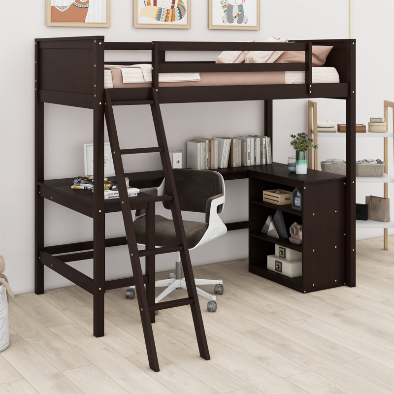 Loft Bed With Shelves,Desk, Espresso, Twin