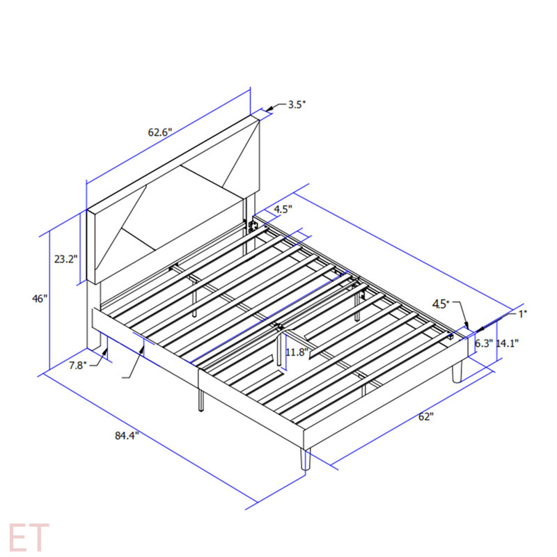Structure de lit plateforme tapissier, support en lattes de bois, assemblage facile, Grand