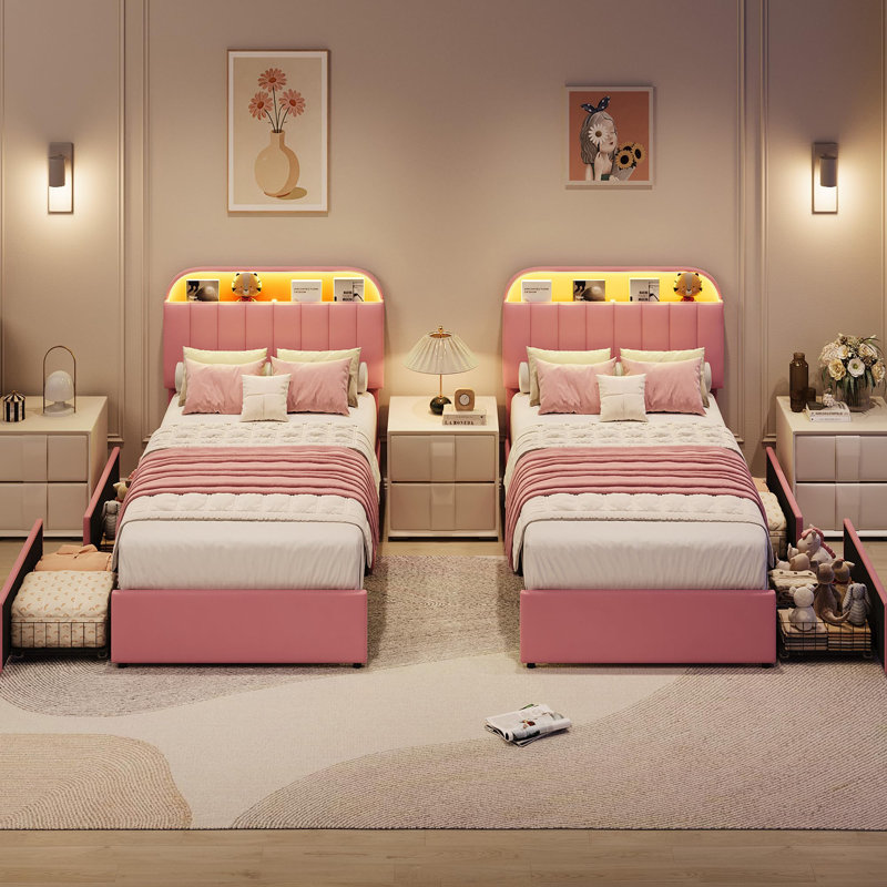 Structure de lit simple tapissier simple en velours avec tête de lit réglable, 2 tiroirs réversibles sous le lit, lumières à DEL RVB contrôlées par l'application, support à lattes de bois, aucun sommier requis, rose