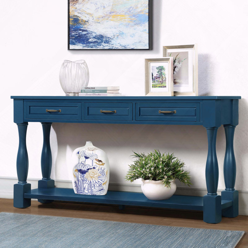 Longue console en bois avec 3 tiroirs et 1 tablette inférieure, Marine