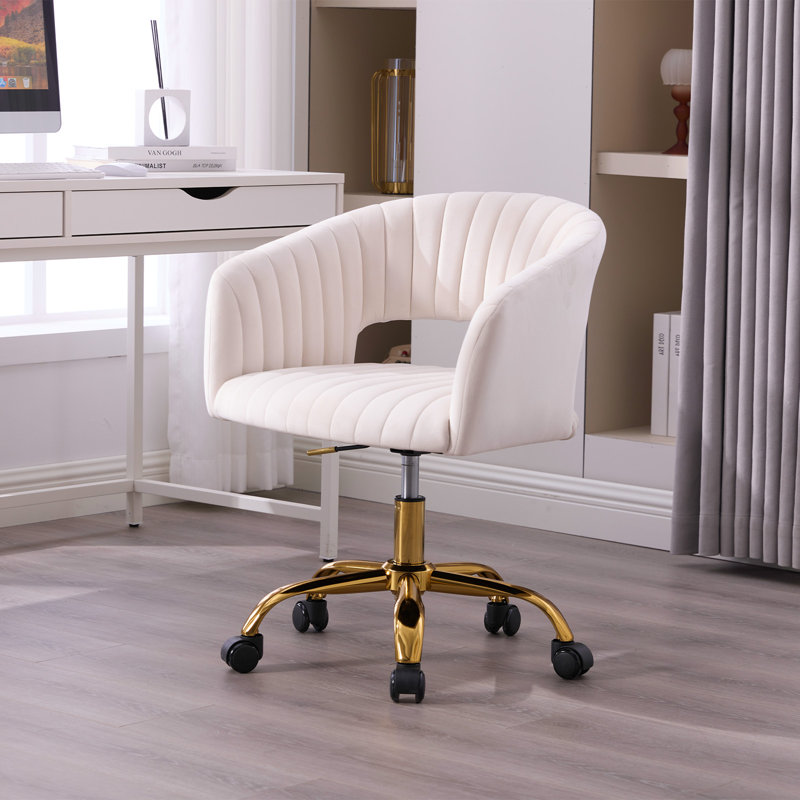 Chaise de bureau en velours avec roulettes, fauteuil de bureau pivotant avec base dorée, Beige