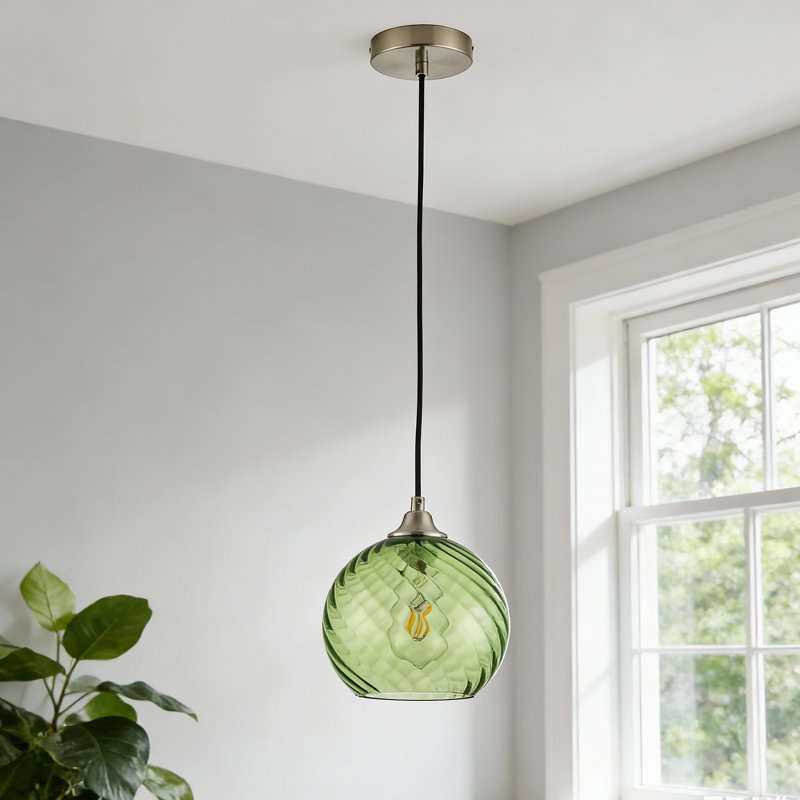 Luminaire suspendu en verre avec abat-jour en verre transparent rayé de 7,87 po, Vert