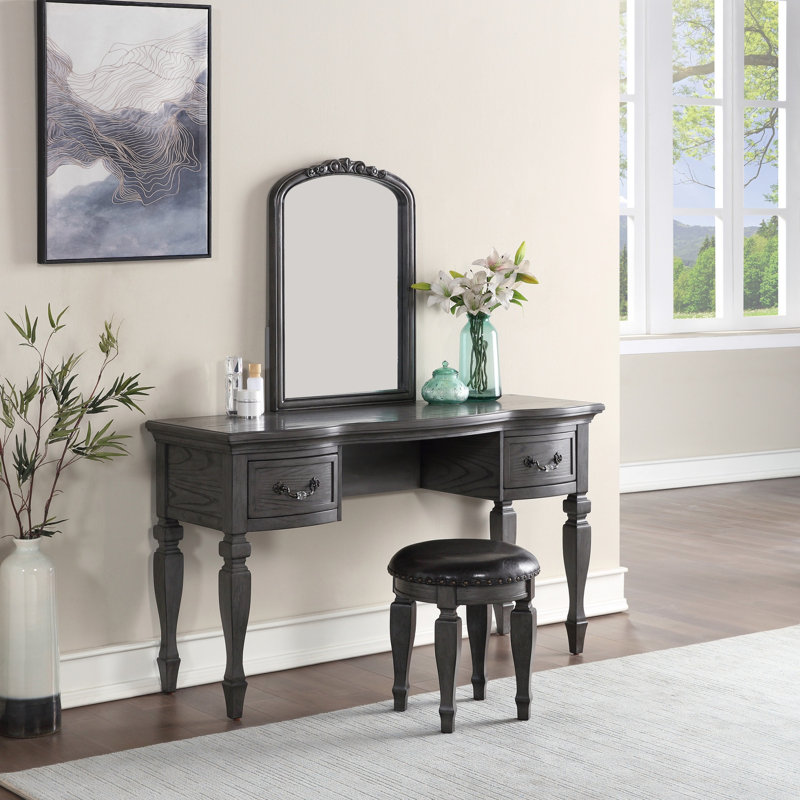 Bedroom Classic Vanity Set Wooden Carved Mirror Stool Drawers, Gray