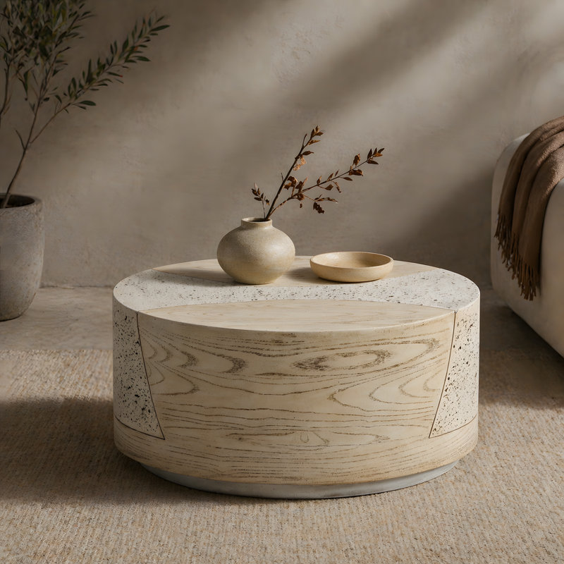 28" Round Natural Travertine Stone Coffee Table, Sahara Oak Travertine