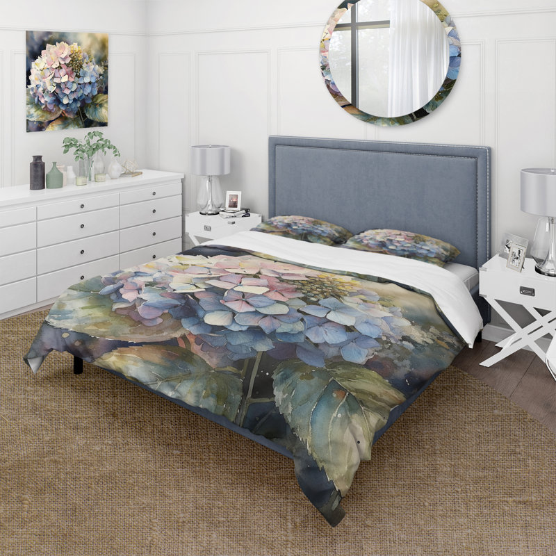 Ensemble de housse de couette Hydreangea III mauve et vert, Housse de couette pour très grand lit et 2 très