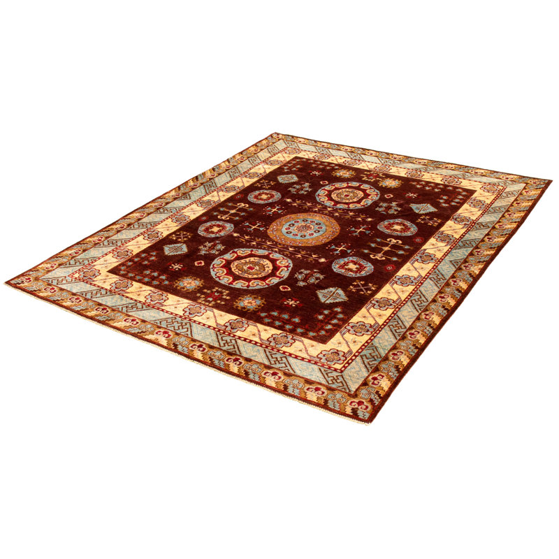 Tapis décoratif en laine de conception unique 7 pi 11 po x 9 pi 10 po noué à la main New Age en brun/beige
