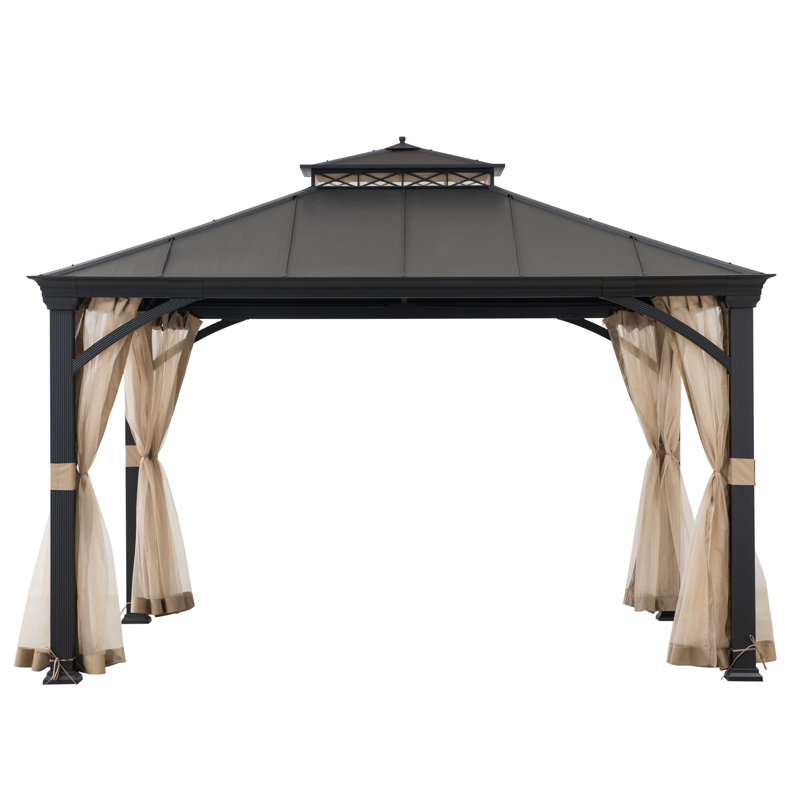 Sunjoy Hardtop Gazebo 11 x 13 ft. Outdoor Patio Black Anti-Rust Aluminum Frame Gazebo, Double Tiered Gazebo with Ceiling Hook and Mesh Netting