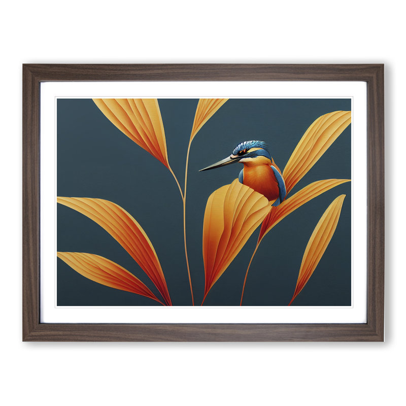 Kingfisher Deco - Framed Print, 46cm H x 64cm W x 2cm D, Walnut