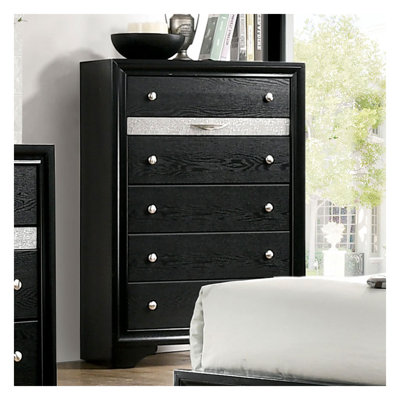 Commode de chambre contemporaine en bois massif noir avec tiroirs à queue d'aronde anglaise et tiroir à bijoux cachés - boutons argentés