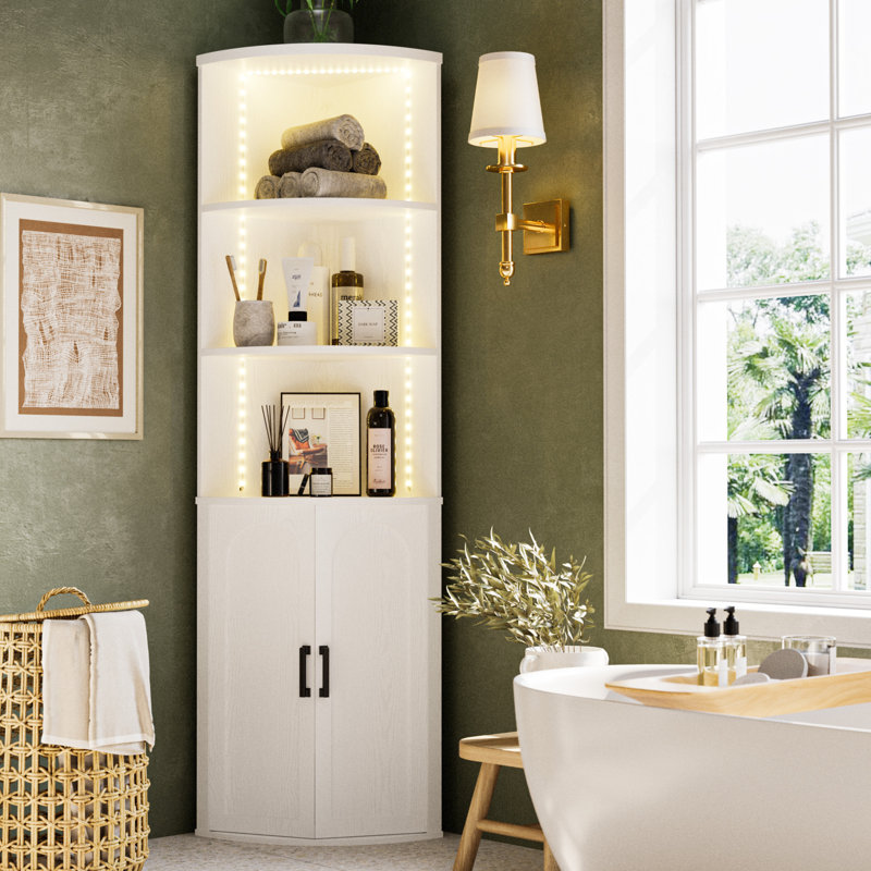 Modern Style Wooden White Corner Shelf With Doors,70.9" Tall Corner Bookshelf,5-tier Storage Cabinet With Doors,corner Cabinet With Led Light For Small Space