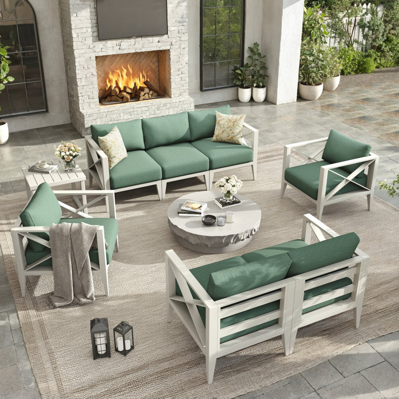 7 - Person Outdoor Aluminum Patio Conversation Set, Green Cushion/White Frame