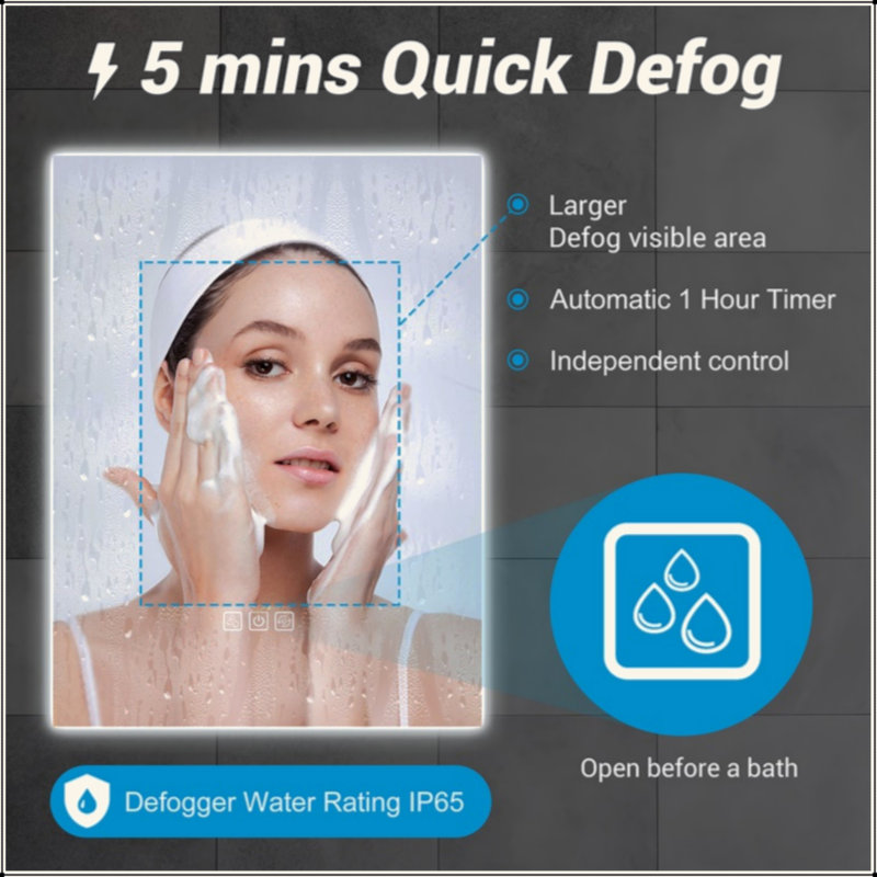 Miroir de salle de bain à DEL avec rétroéclairage lumineux, désembuage 5 minutes, miroir de meuble-lavabo mural pleine HD réfléchi, 3 couleurs à intensité variable, CRI90 +, fonction mémoire, anti-buée