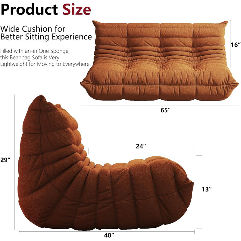 Compression Bean Bag Chairs For Adults, Memory Foam Couch 3-Seater Sofa Chair, Soft Teddy Material Cozy Comfy Reading Nook Chairs, Floor Chair For Living Room Bedroom Office Coffee