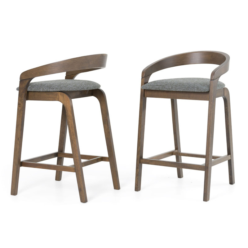 Ensemble de 2 tabourets de comptoir Cid Lenn, tissu gris, bois d'hévéa brun courbé