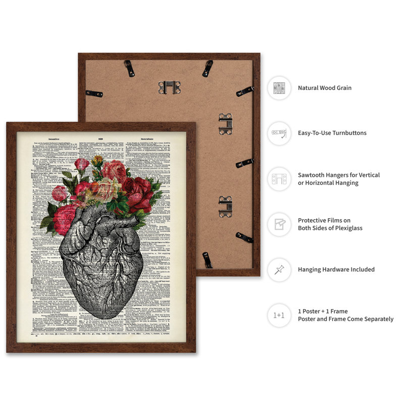 Cœur floral, Affiche, H 12 po x l 16 po, Encadrement brun