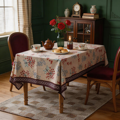 French Vintage Linen Rectangular Tablecloth 63"X94", Retro Red Floral Breathable Table Cover For Kitchen, Dining, Tea Party, Christmas & Holiday Decor