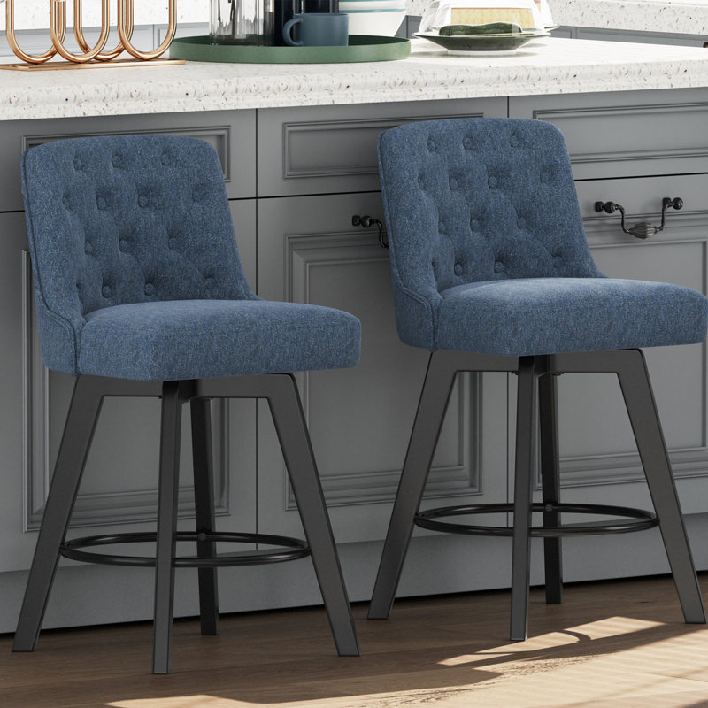Swivel Upholstered 26'' Counter Stool Wood Leg, Navy, Counter Stool (26" Seat Height), 2